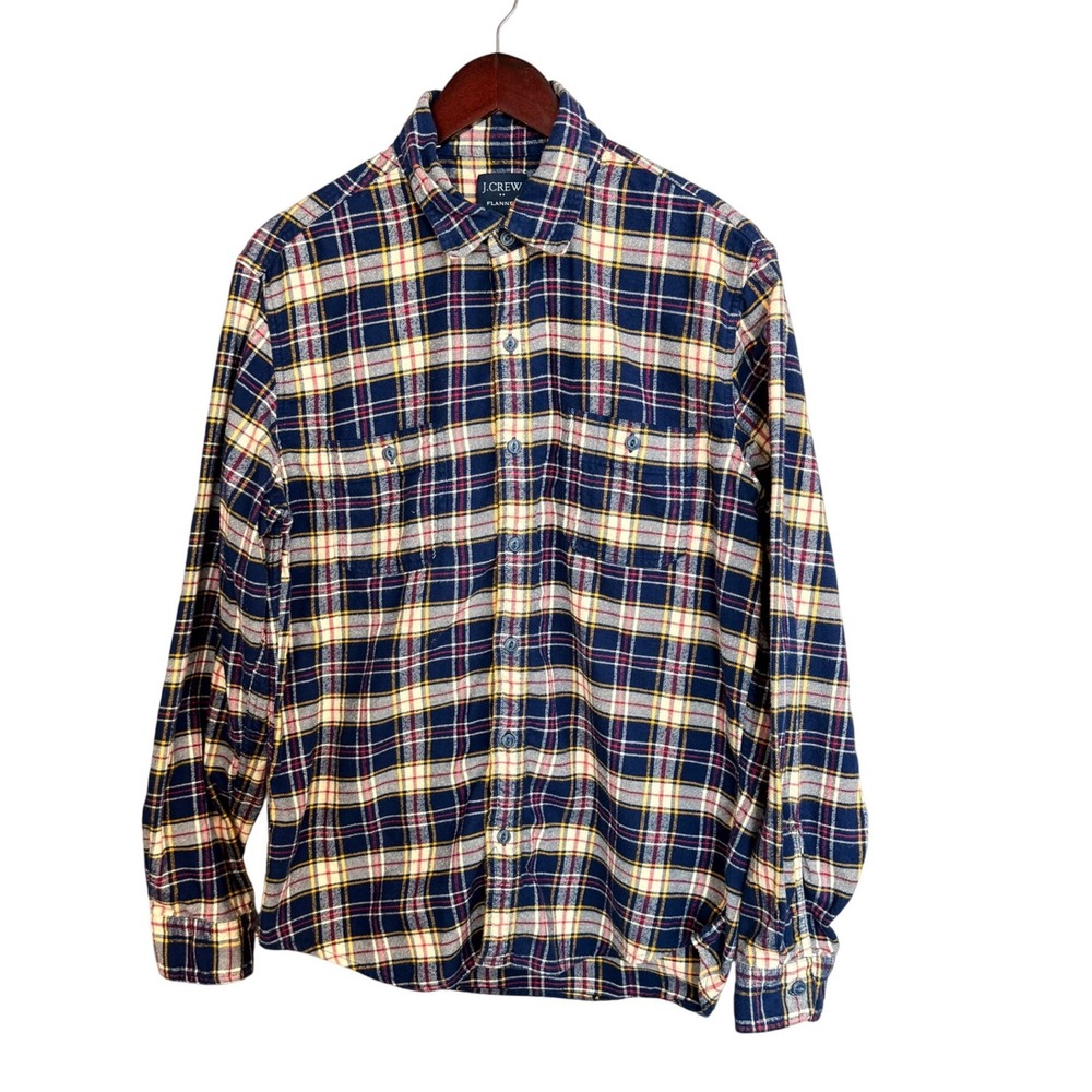 J. Crew Mens Flannel Shirt L Blue Yellow Plaid Cotton Long Sleeve AF877 Y2K